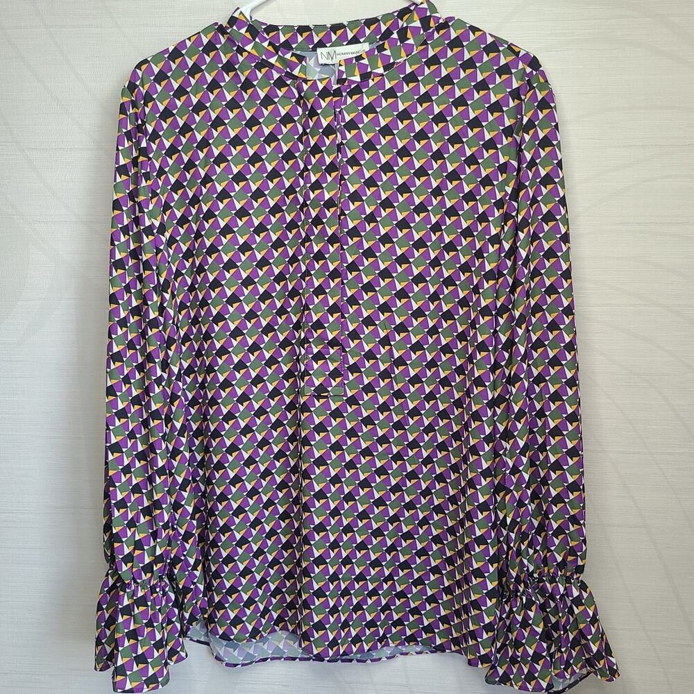 Neiman Marcus Women's Large Long Sleeve Blouse Geometric Print Purple Polyester